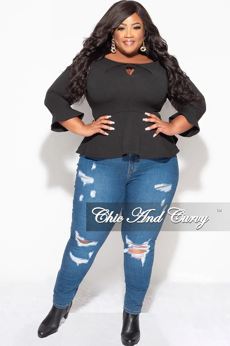 Final Sale Plus Size Bell Sleeve Peplum Top with Front Keyhole in Black Windproof coating Chilly Day Layers