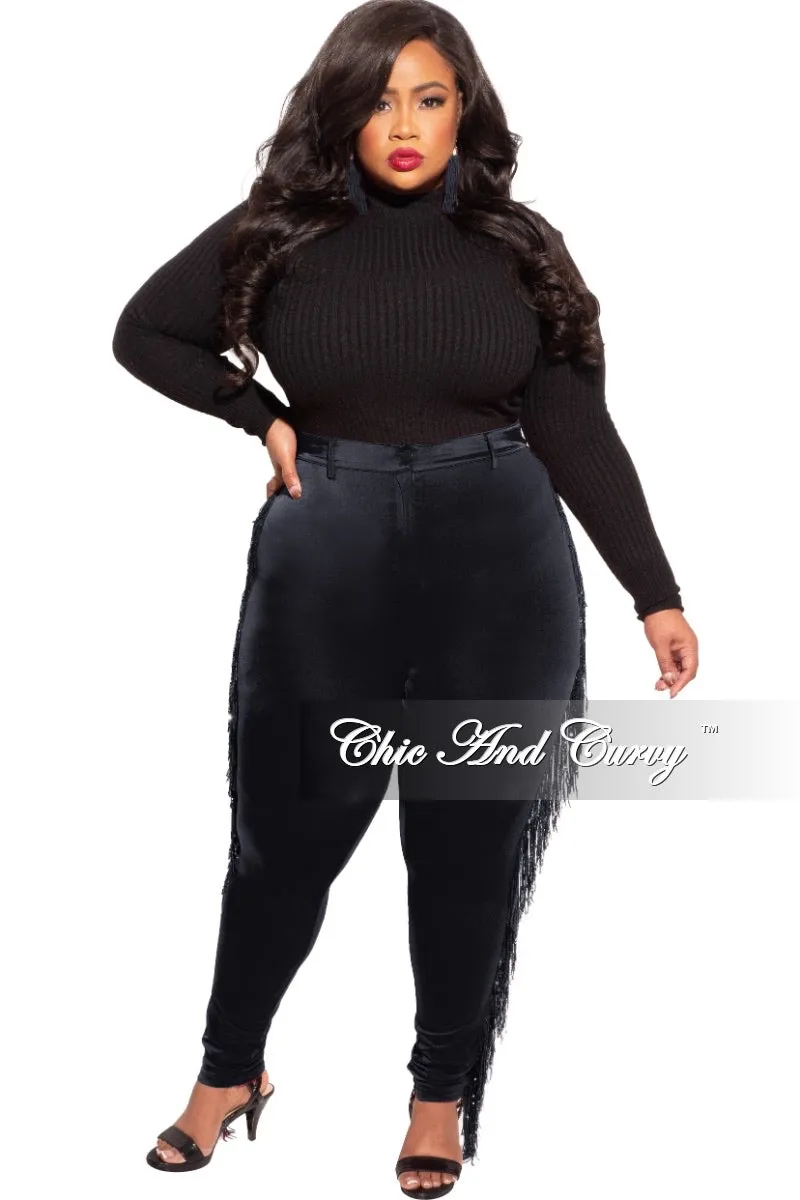 Final Sale Plus Size Black High Waist Pants with Iridescent Sequin Fringe Trim Bi Stretch Fabric Sport Fit