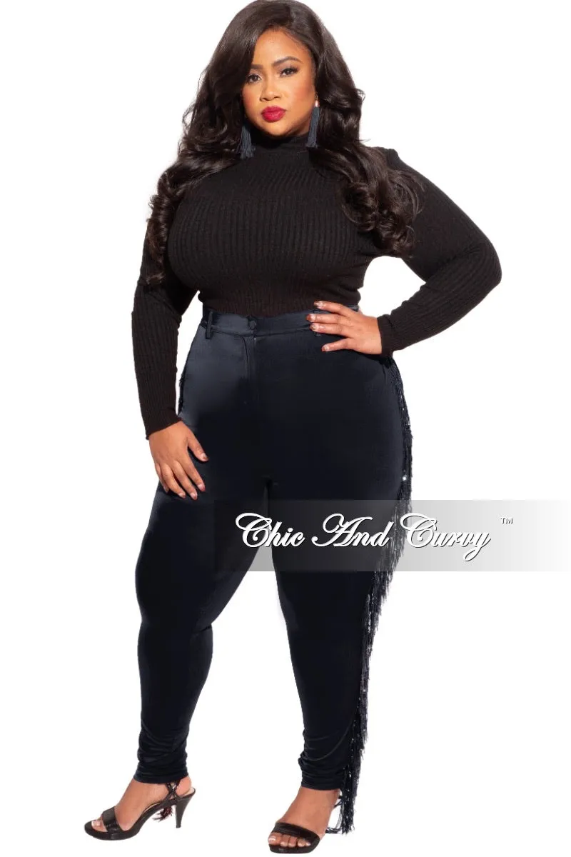 DoubleLayeredFabric Final Sale Plus Size Black High Waist Pants with Iridescent Sequin Fringe Trim