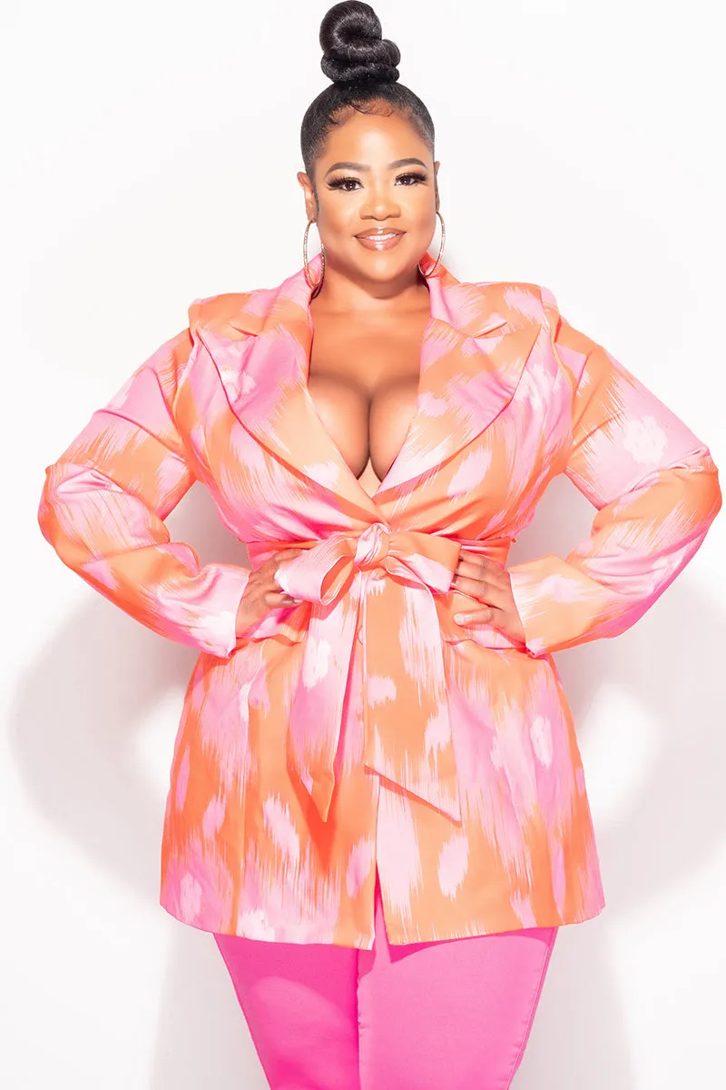 Final Sale Plus Size Blazer in Neon Pink and Orange Design Print Non Restrictive