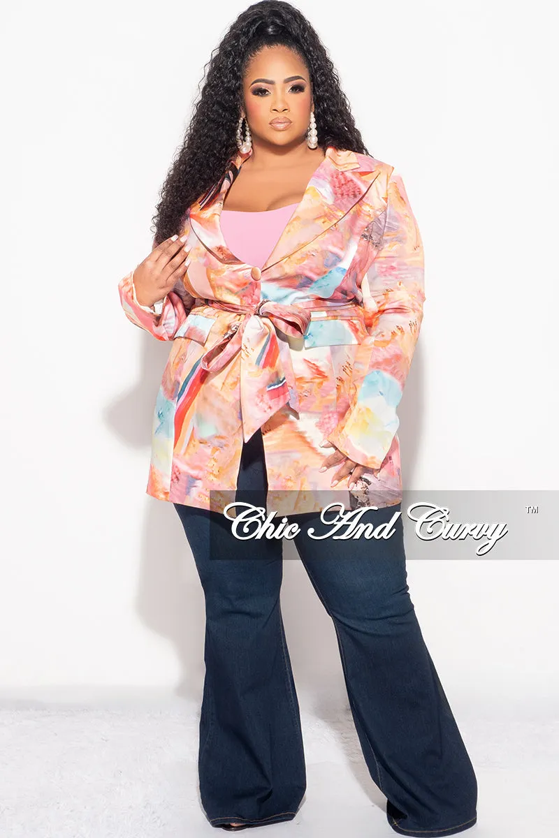 Thermal Insulation Layer Final Sale Plus Size Blazer in Pink Multi Color Design Print G004