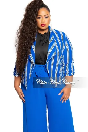 Multi Pocket System Final Sale Plus Size Blazer in Royal Blue White and Black Stripe Print