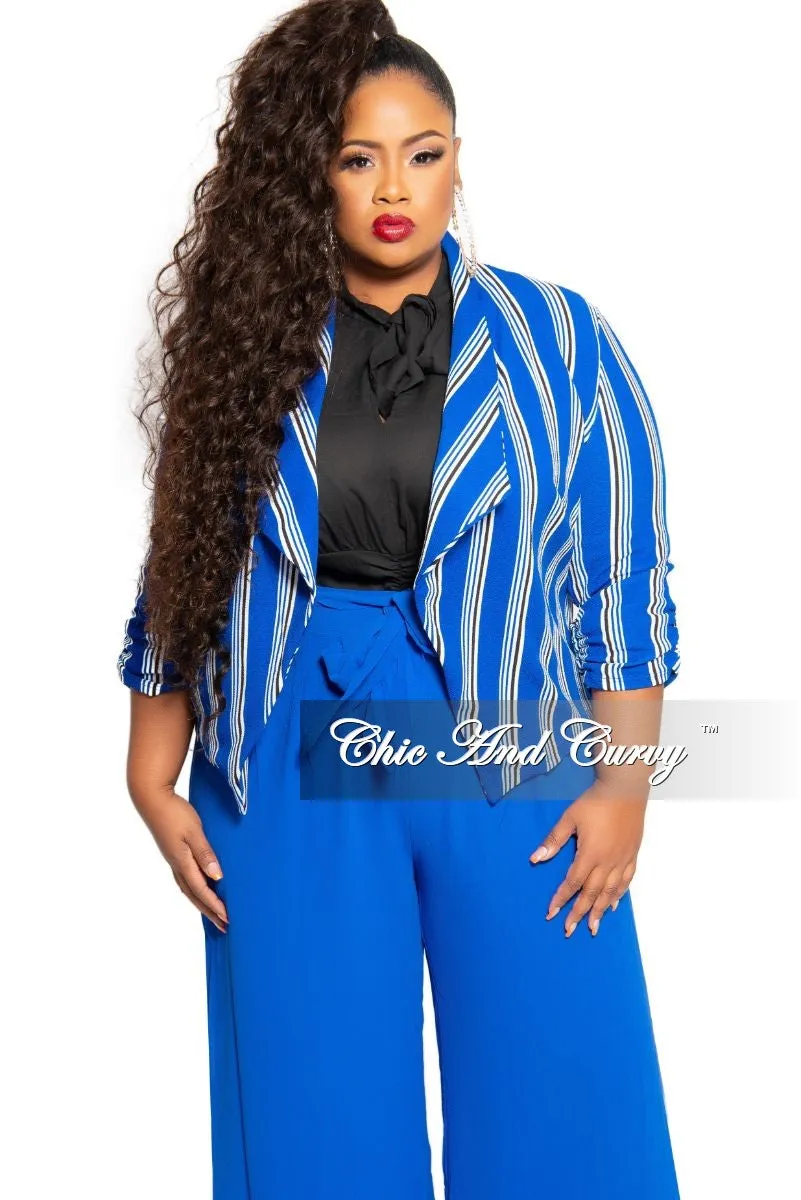 Final Sale Plus Size Blazer in Royal Blue White and Black Stripe Print Quick Dry Fit Relaxed Vibe