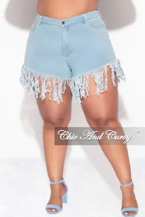 Final Sale Plus Size Blue Denim Fringe Shorts Flattering Style