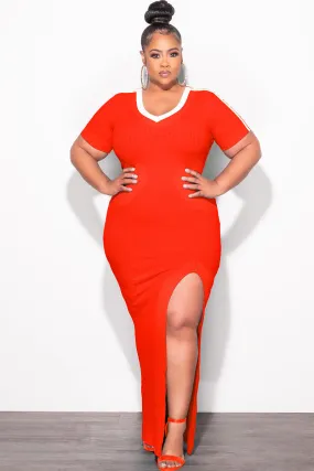 Non Iron Technology Final Sale Plus Size BodyCon Colorblock with Front Slit Tomato Red