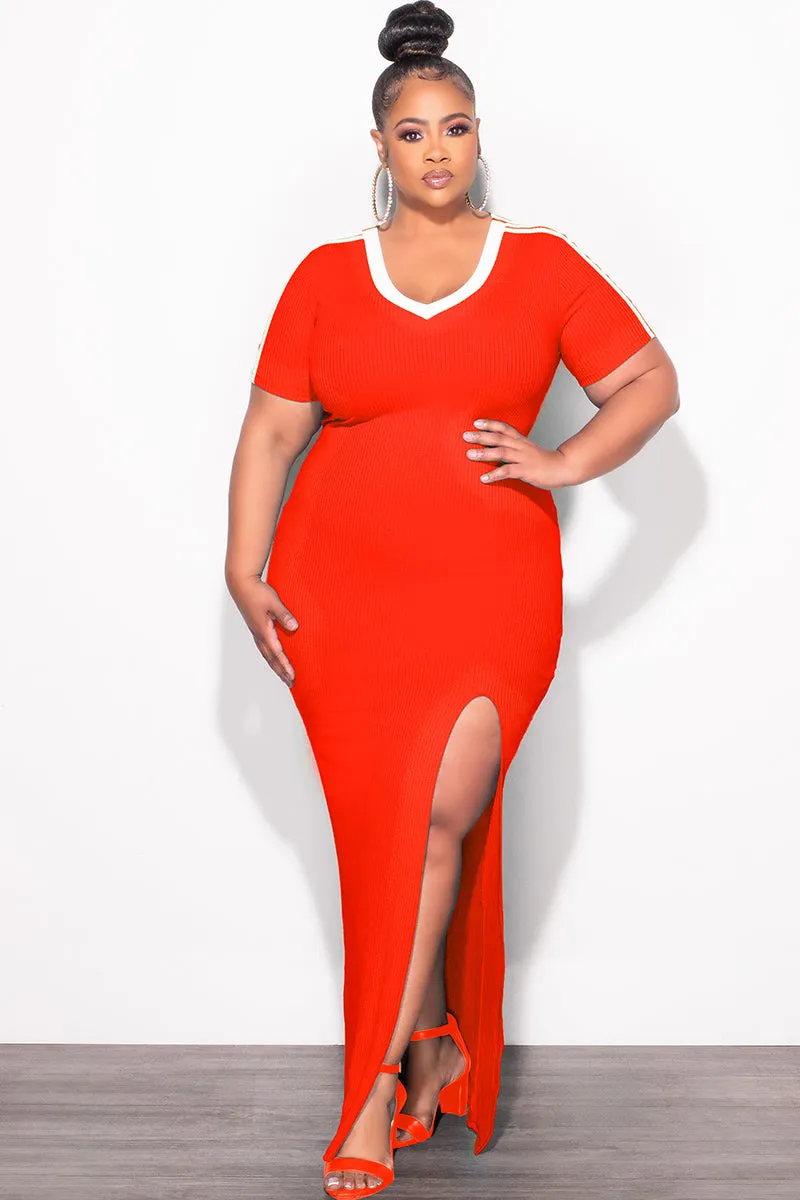 NonIrritatingStitching Final Sale Plus Size BodyCon Colorblock with Front Slit Tomato Red