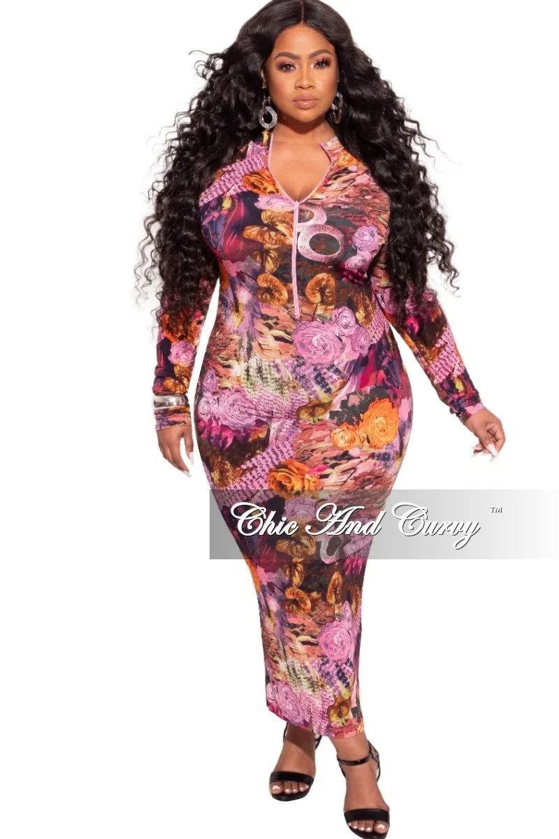 Final Sale Plus Size Bodycon Dress in Fuchsia Multi-Color Print Easy Wear Comfy Material