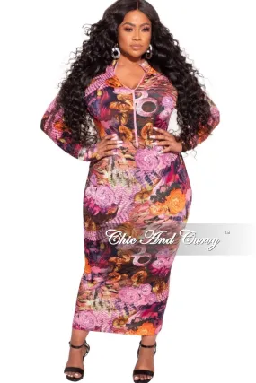 Slim Stretch Fit DurableReinforcedMaterial Final Sale Plus Size Bodycon Dress in Fuchsia Multi-Color Print