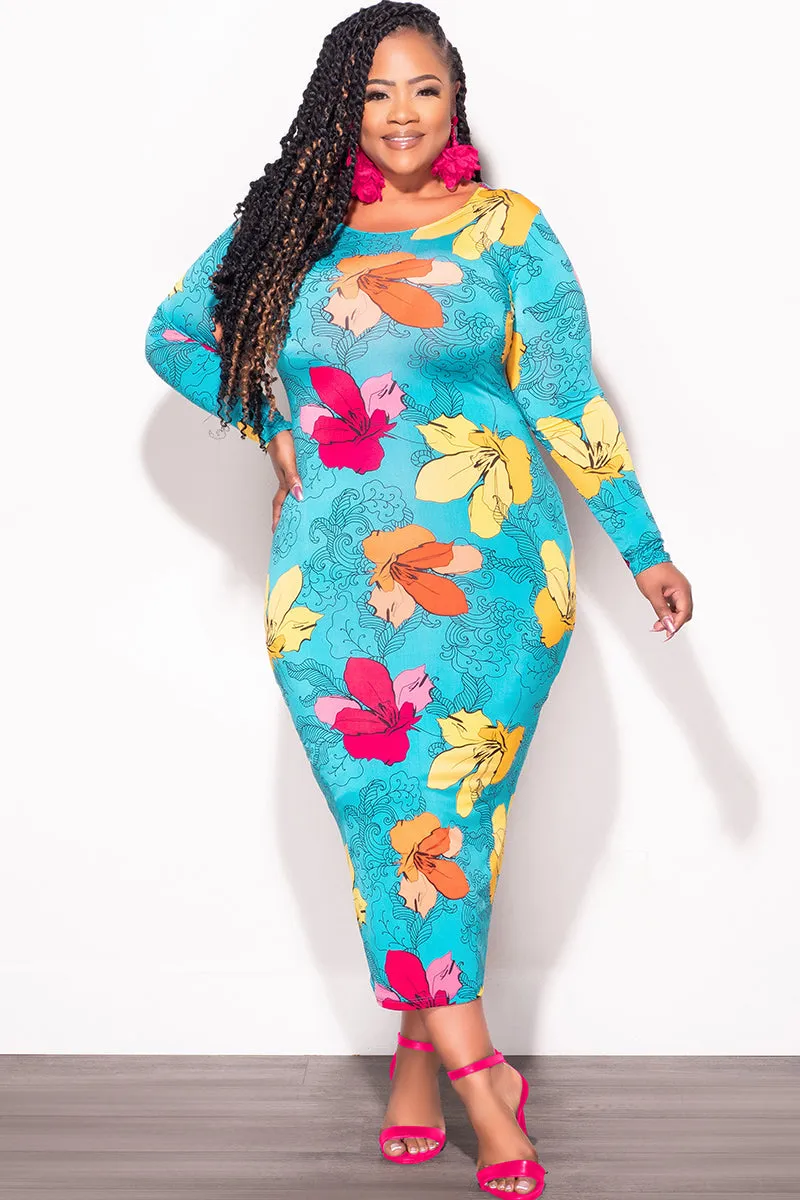 Trendy Design Final Sale Plus Size Bodycon Dress in Turquoise Floral Print