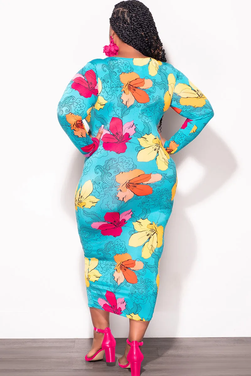 Street Ready Essential Comfort Wear Final Sale Plus Size Bodycon Dress in Turquoise Floral Print