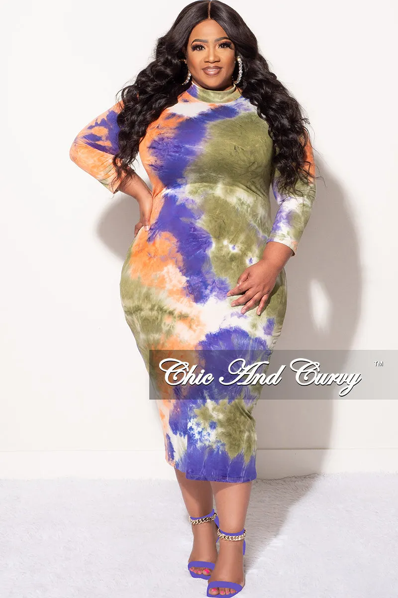 Sport Fit Final Sale Plus Size  Bodycon Dress w/ Mid Sleeves and Tie in Green, Orange, Blue Tie Dye