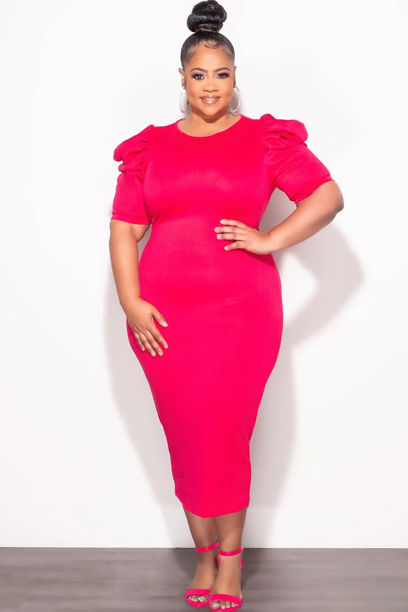 Final Sale Plus Size Bodycon Dress with Puffy Sleeves Fuchsia All Day Comfort Fit
