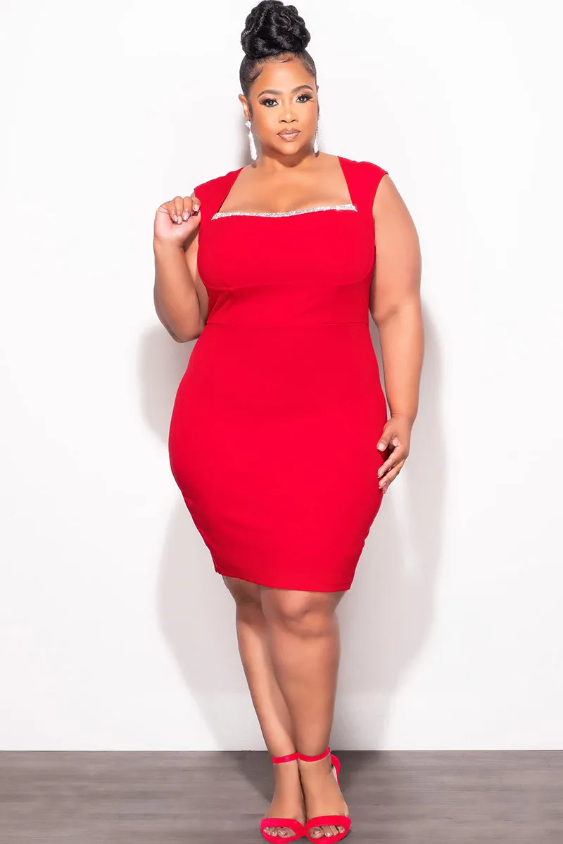 Minimalist Waist Moisture Management Final Sale Plus Size BodyCon Dress with Rhinestone Lined Bust and Wide Strap Mini Dress In Red