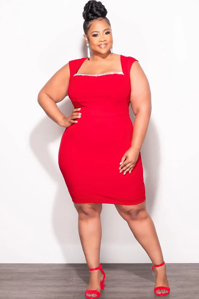Training Wear Final Sale Plus Size BodyCon Dress with Rhinestone Lined Bust and Wide Strap Mini Dress In Red