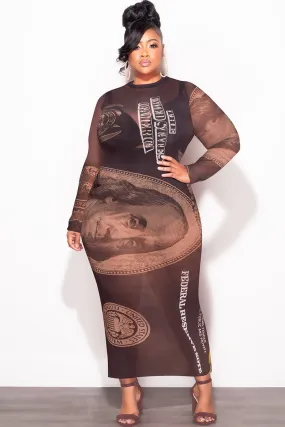 Final Sale Plus Size BodyCon In Mesh in Chocolate Brown Money Print Odor control Everyday Flex