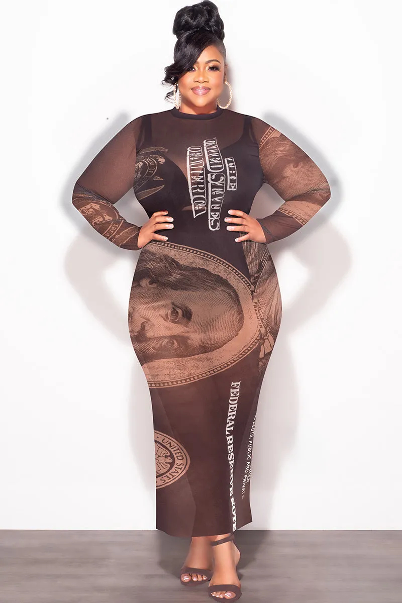 Final Sale Plus Size BodyCon In Mesh in Chocolate Brown Money Print Quick Access Zippers Quick Comfort Fit
