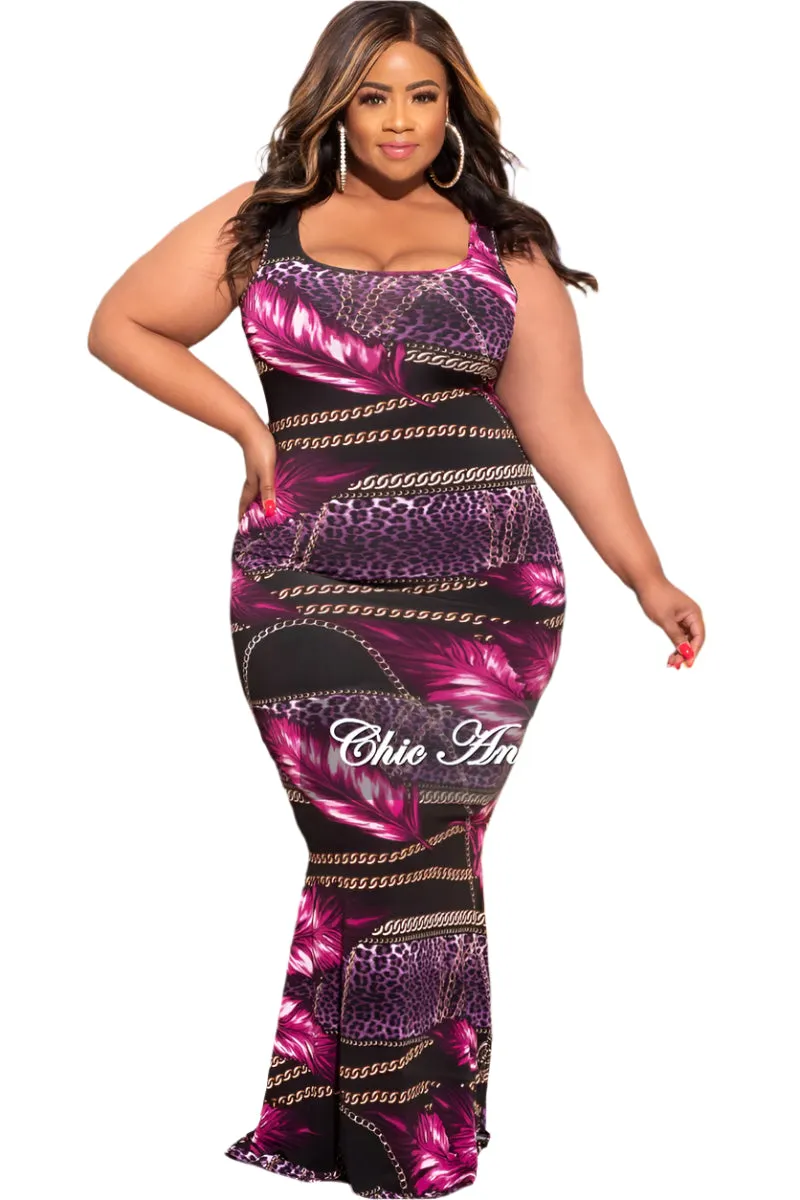 Odor Control Tech Skinny Fit Final Sale Plus Size Bodycon Maxi Dress in Fuchsia Palm Print