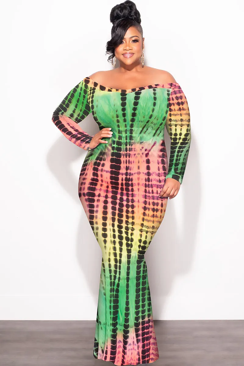 Final Sale Plus Size Bodycon Maxi Dress in Green Tie Dye Print Core Support