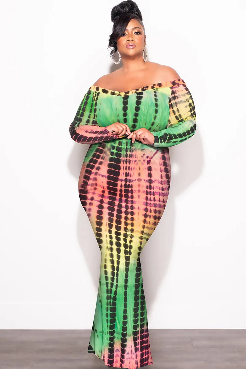 Final Sale Plus Size Bodycon Maxi Dress in Green Tie Dye Print Comfort-First