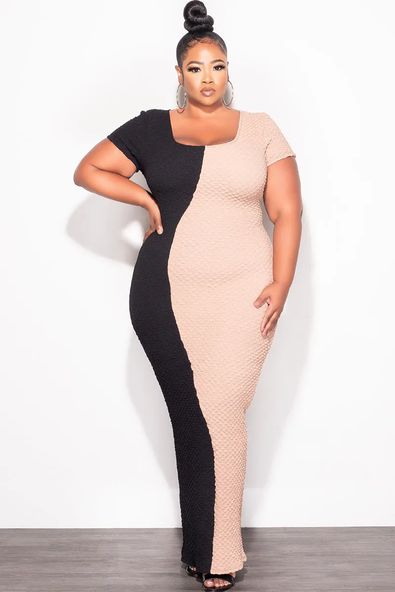 Final Sale Plus Size BodyCon Midi Dress in Black & Taupe RuggedDurability BreathableFabric