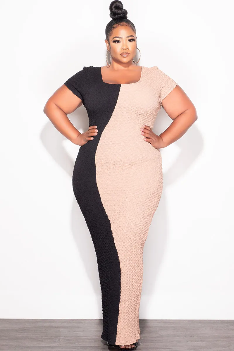 Final Sale Plus Size BodyCon Midi Dress in Black & Taupe Durable Utility