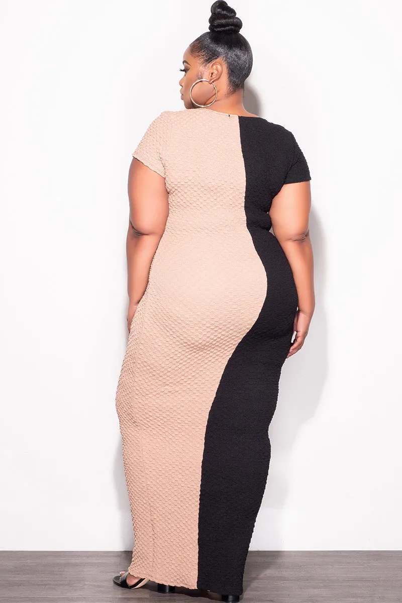 Comfortable Leg Effortless Design Final Sale Plus Size BodyCon Midi Dress in Black & Taupe