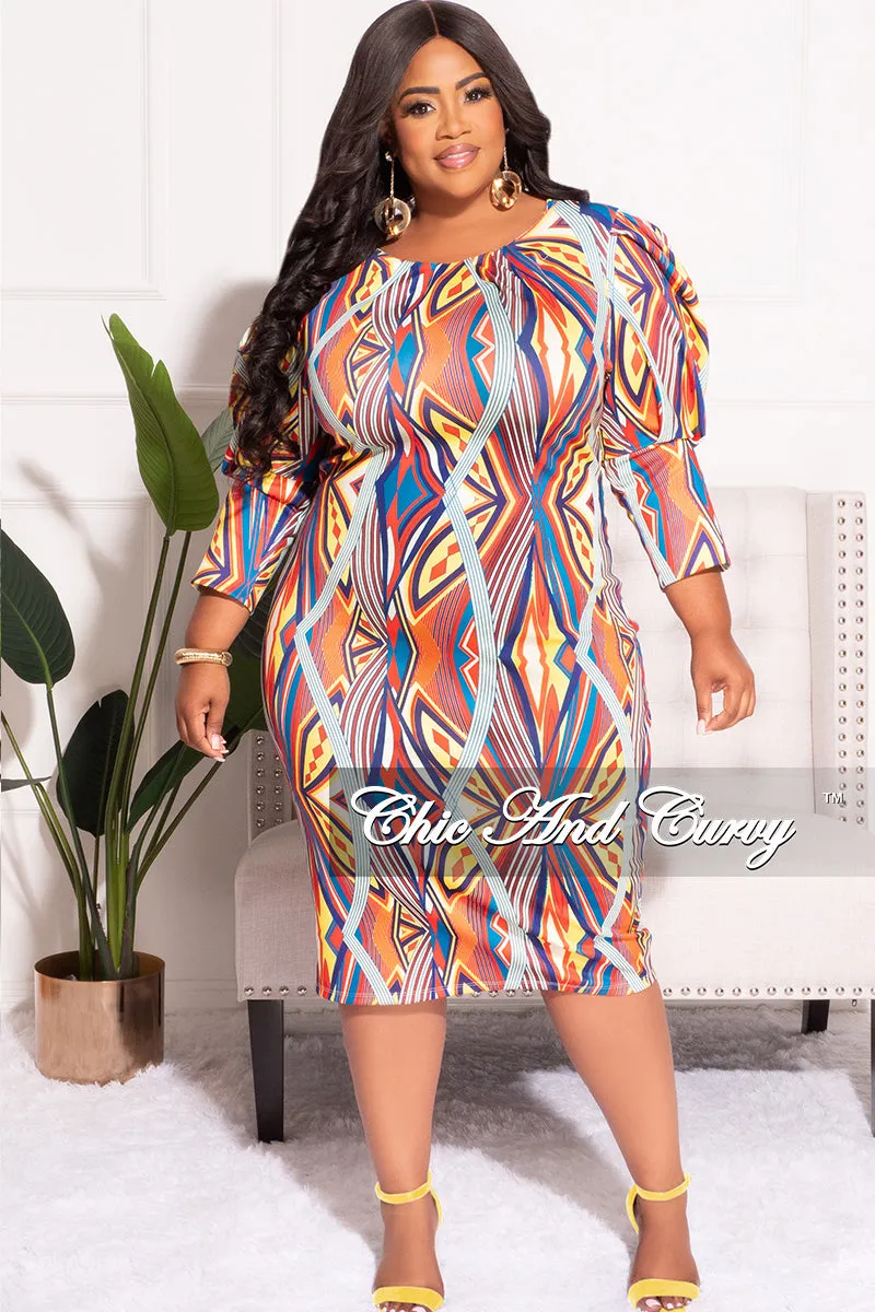 Final Sale Plus Size BodyCon Midi Dress with Puffy Sleeve in Multi-Color Design Print LightweightConstruction Quick Dry Wear