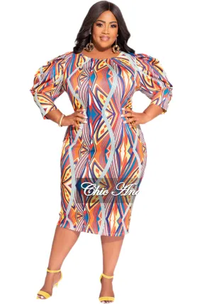 Slimline Fit Final Sale Plus Size BodyCon Midi Dress with Puffy Sleeve in Multi-Color Design Print