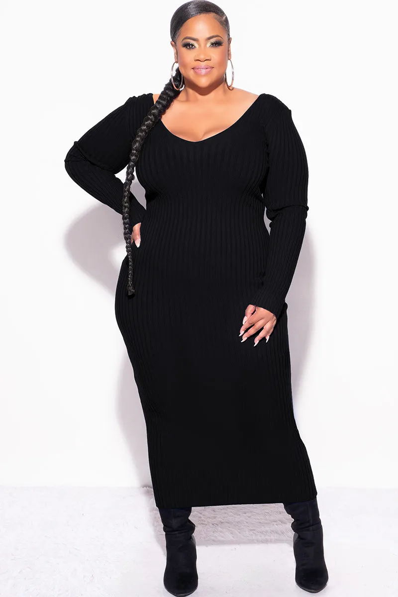 Final Sale Plus Size BodyCon Ribbed Knit Dress in Black Work Essential Slim Fit Wear