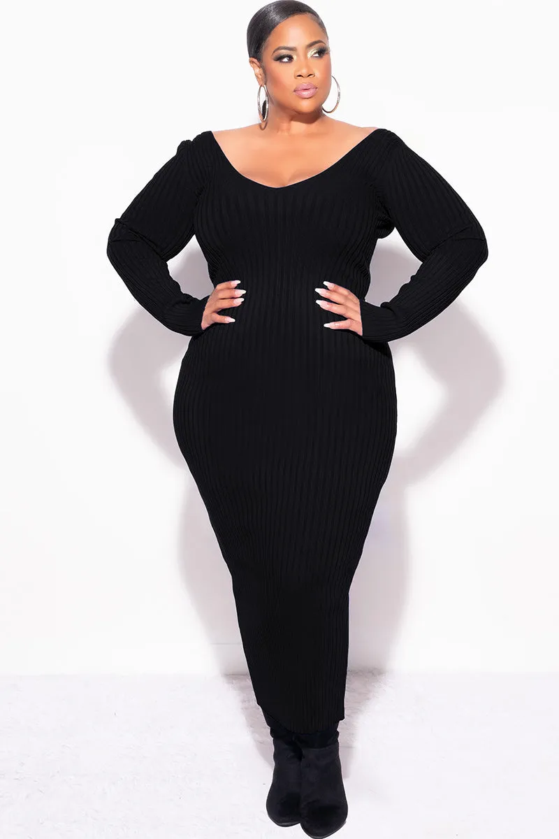 Cozy Stretch Fit Freedom Motion Final Sale Plus Size BodyCon Ribbed Knit Dress in Black