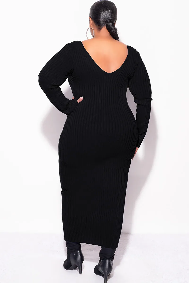 Workout-ready Comfort Base Final Sale Plus Size BodyCon Ribbed Knit Dress in Black