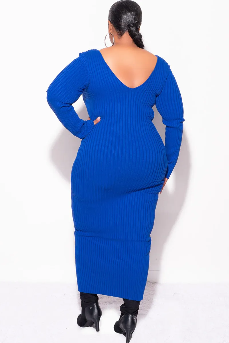 Compression Fit HighRiseWaistband Final Sale Plus Size BodyCon Ribbed Knit Dress in Royal Blue