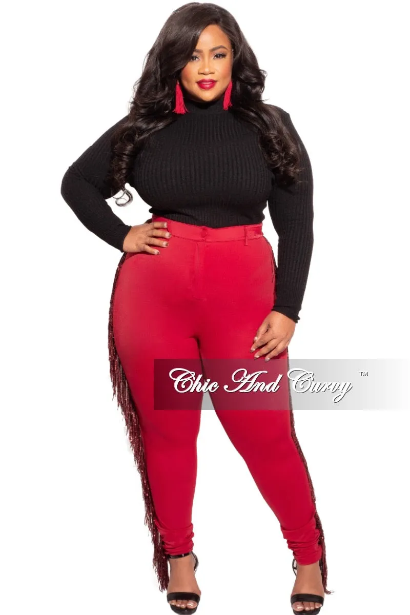 Comfort Wear Final Sale Plus Size Burgundy High Waist Pants with Burgundy Sequin Fringe Trim