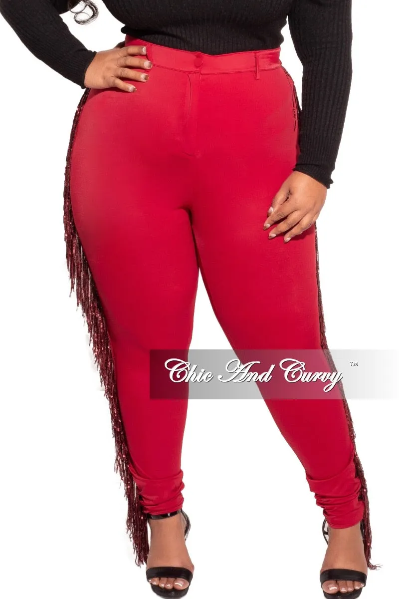 Final Sale Plus Size Burgundy High Waist Pants with Burgundy Sequin Fringe Trim Multi-way wear Relaxed Cut