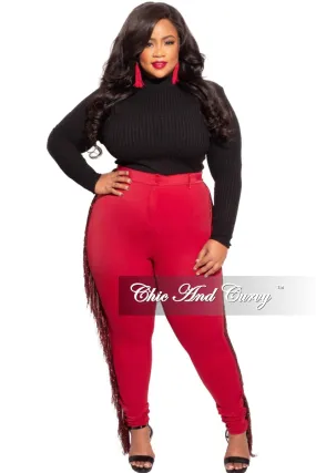 Comfort Wear Final Sale Plus Size Burgundy High Waist Pants with Burgundy Sequin Fringe Trim
