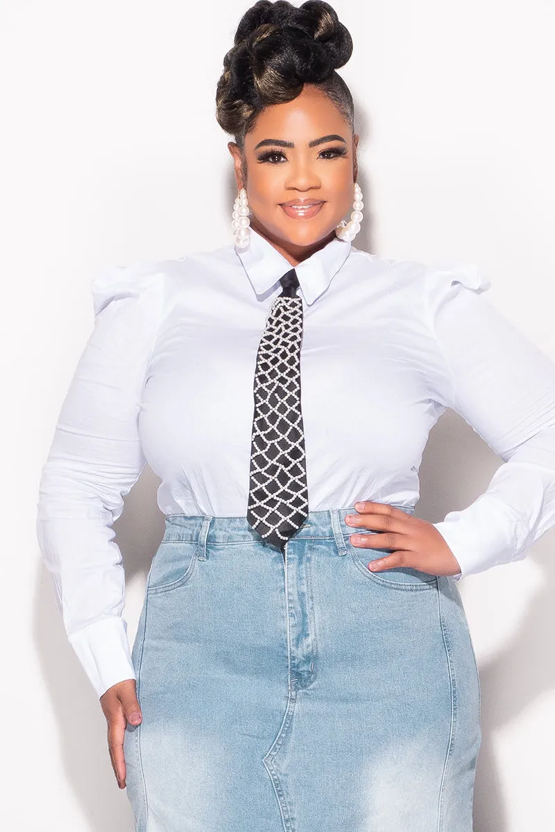 Sleek Comfort Final Sale Plus Size Button Down Poplin Top in White (Top Only)