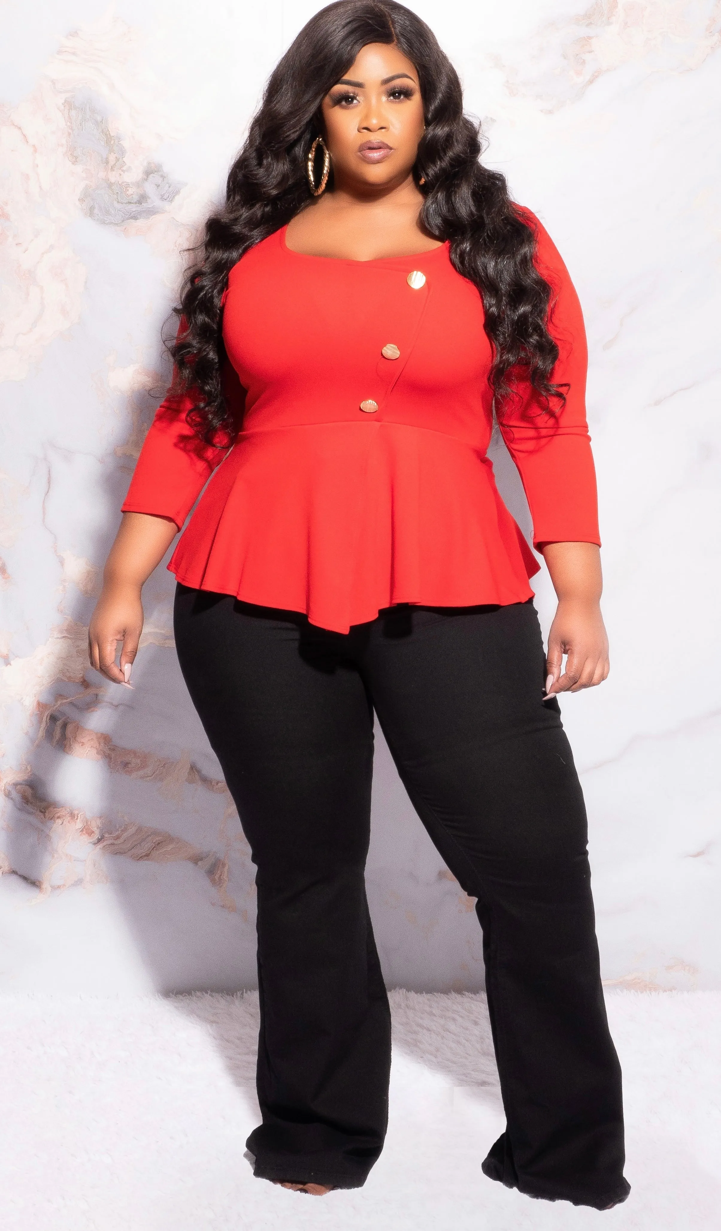 Final Sale Plus Size Button Peplum Top in Red Anti Pilling Surface