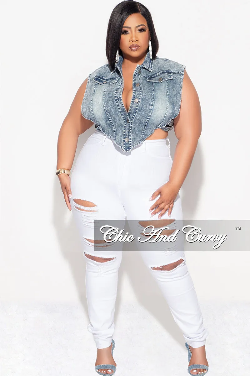 Comfy Look Final Sale Plus Size Button Up Collar Crop Vest with Cutout Sides in Denim Acid Wash