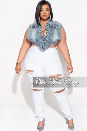 Final Sale Plus Size Button Up Collar Crop Vest with Cutout Sides in Denim Acid Wash Relaxed Waist Cuffed hem