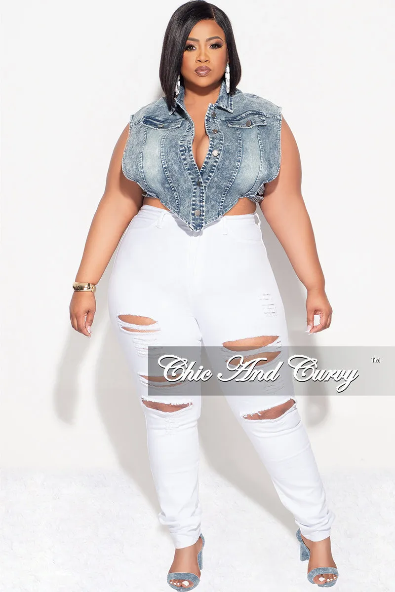 Final Sale Plus Size Button Up Collar Crop Vest with Cutout Sides in Denim Acid Wash Relaxed Waist Cuffed hem