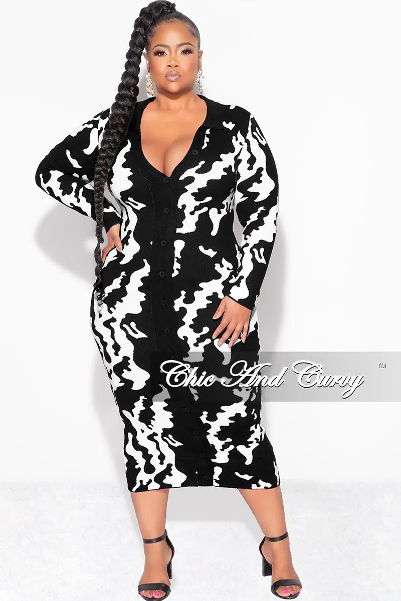 Final Sale Plus Size Button Up Midi Sweater Dress in Black and Off White Design Print ComfortWaistband Raw edge