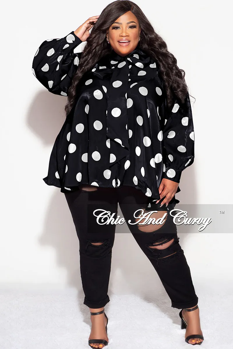 Final Sale Plus Size Button Up Oversized Neck Tie Top in Black and White Polka Dot Casual Wearable