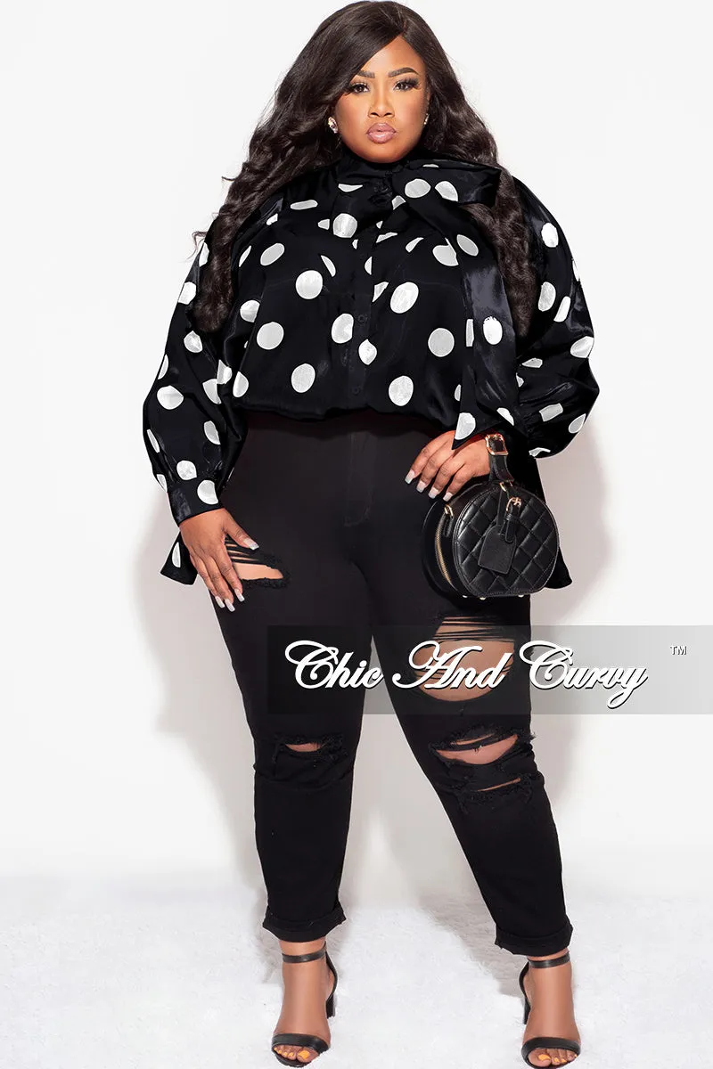 Final Sale Plus Size Button Up Oversized Neck Tie Top in Black and White Polka Dot Elastic Free Cuffs