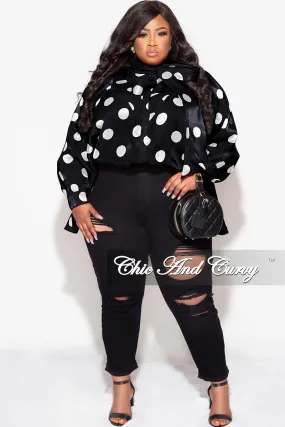 Walk Friendly Chic Look Final Sale Plus Size Button Up Oversized Neck Tie Top in Black and White Polka Dot
