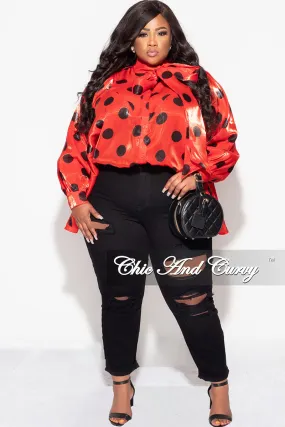 Final Sale Plus Size Button Up Oversized Neck Tie Top in Red and Black Polka Dot Chilly Day Wear
