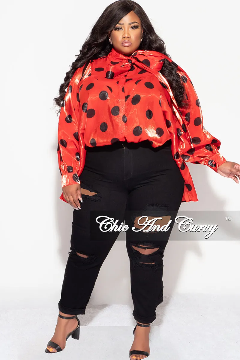 Final Sale Plus Size Button Up Oversized Neck Tie Top in Red and Black Polka Dot Light Fabric
