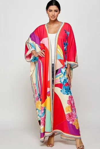 Relaxed Design All Fit Final Sale Plus Size Caftan in Red Multi Color Floral Print