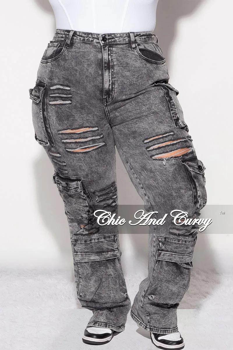 AntiStaticLining Tapered ankle Final Sale Plus Size Cargo Distressed Pants in Black Wash Denim