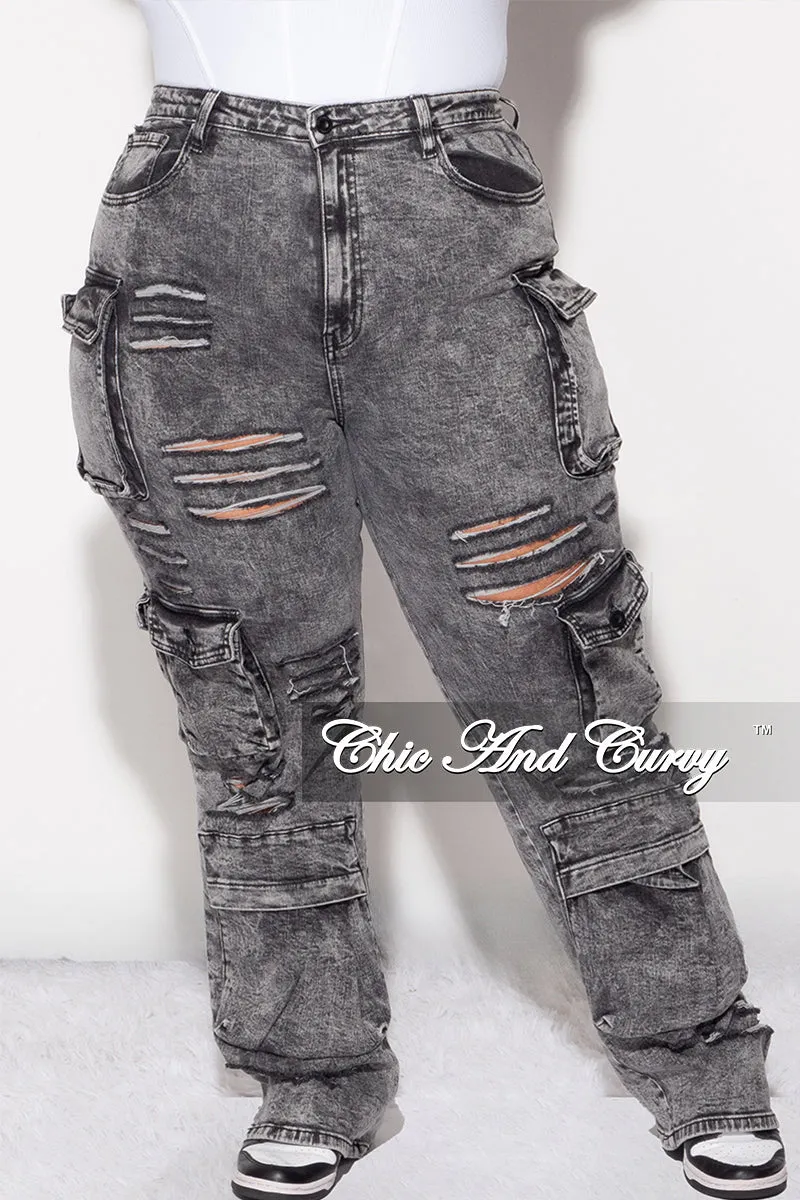 Perfect Length Timeless Wear Final Sale Plus Size Cargo Distressed Pants in Black Wash Denim