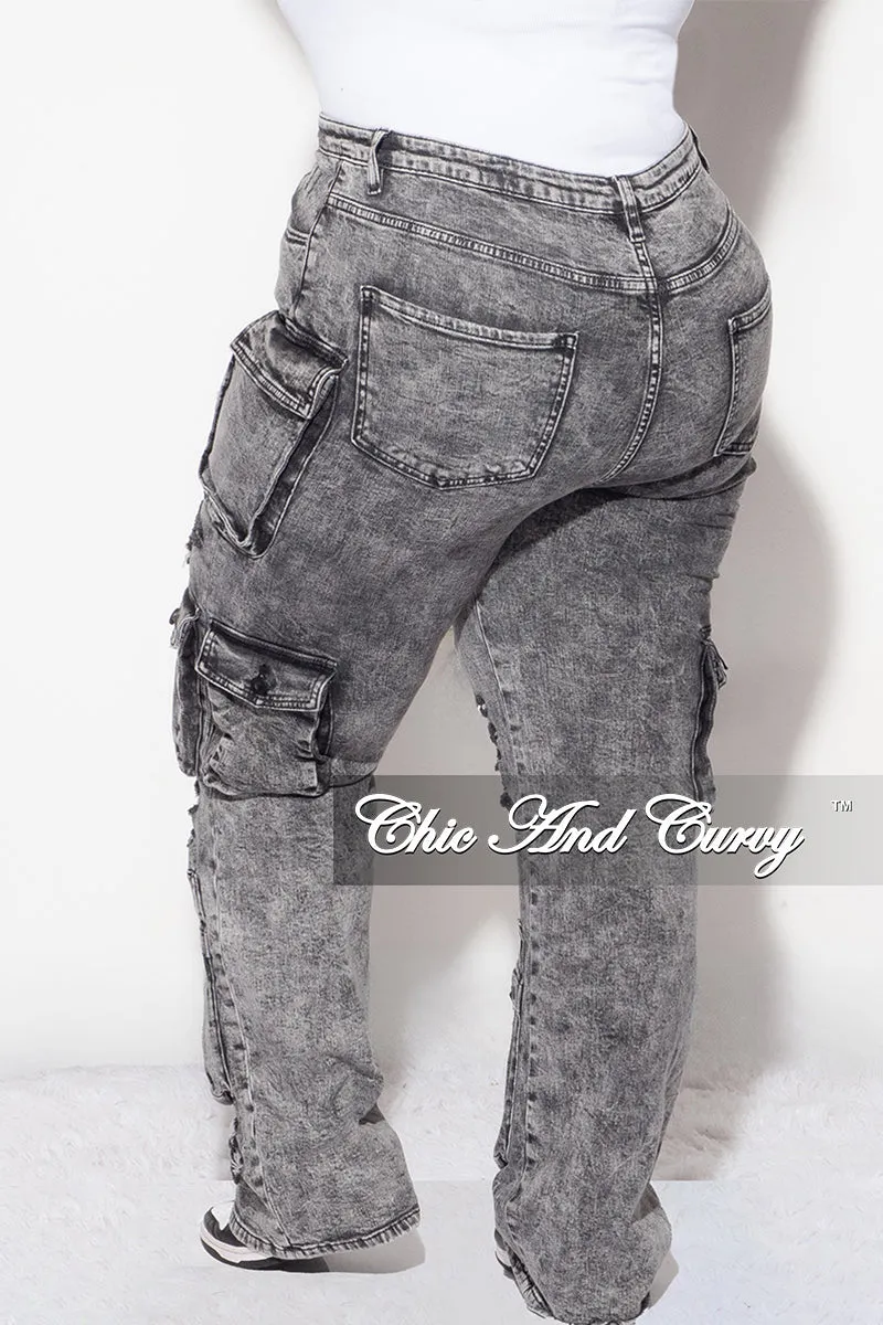 Lightweight Fit Final Sale Plus Size Cargo Distressed Pants in Black Wash Denim